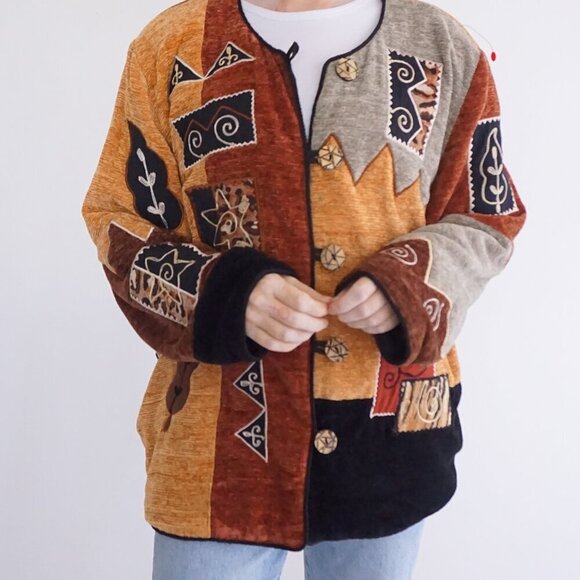 Vintage Indigo Moon Brown Tan Embroidered Patchwork Button Boho Jacket 1X - Picture 2 of 12
